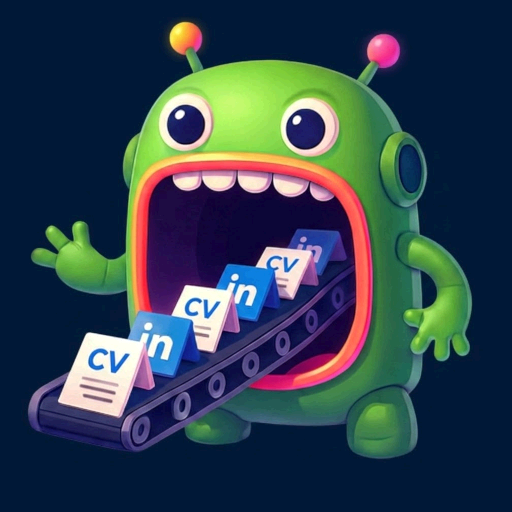 Bestie Screen mascot - a friendly green robot eating CVs from a conveyor belt